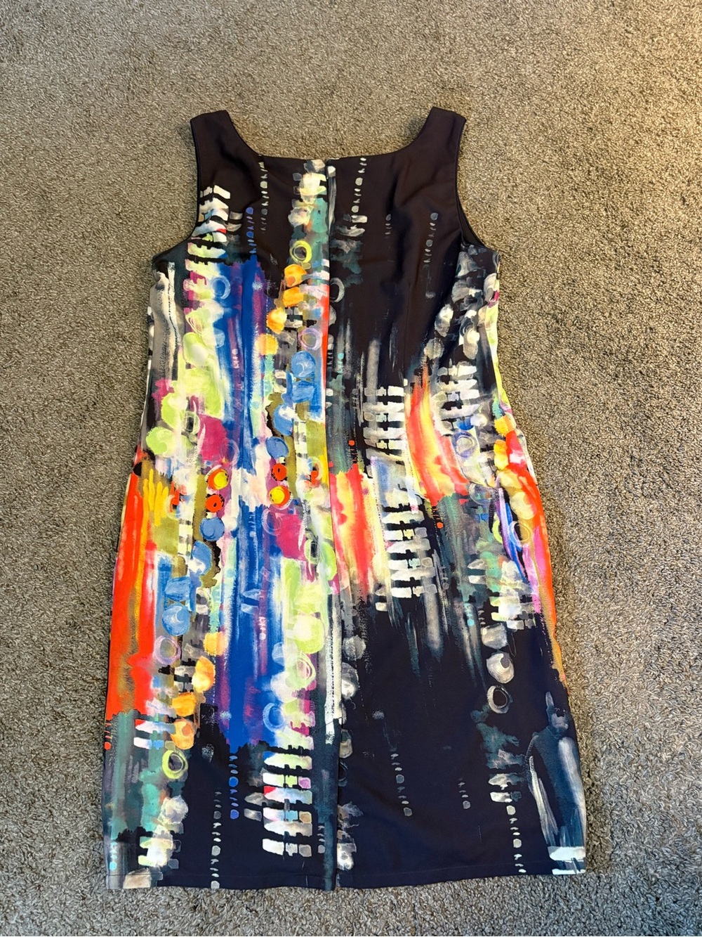 Mario Serrani Navy Sheath Dress with Multicolor Abstract Brushstrokes Size 10